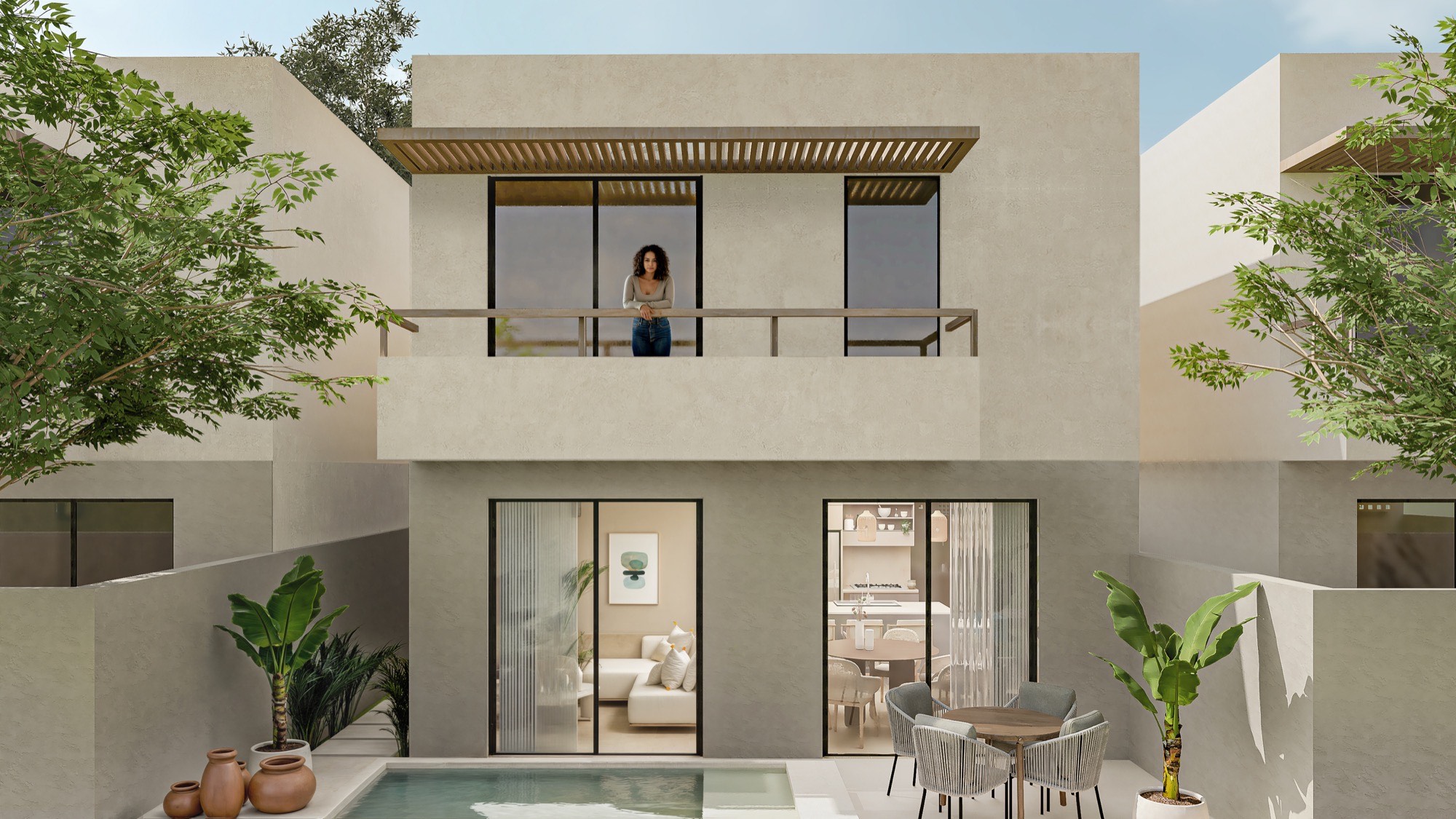 Fachada del Prototipo 3R de Zendra Living: casa de dos niveles con balcones y grandes ventanales.